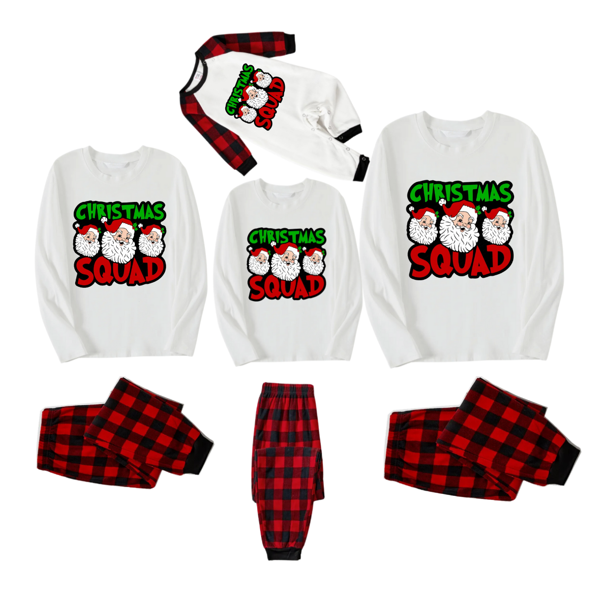 "Christmas Squad" and Santa Printed Red & Black Plaid Family Matching Pajamas