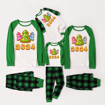 Cute Christmas Tree and 2024 Print Long Sleeve Top With Green & Black Plaid Christmas Matching Pajamas