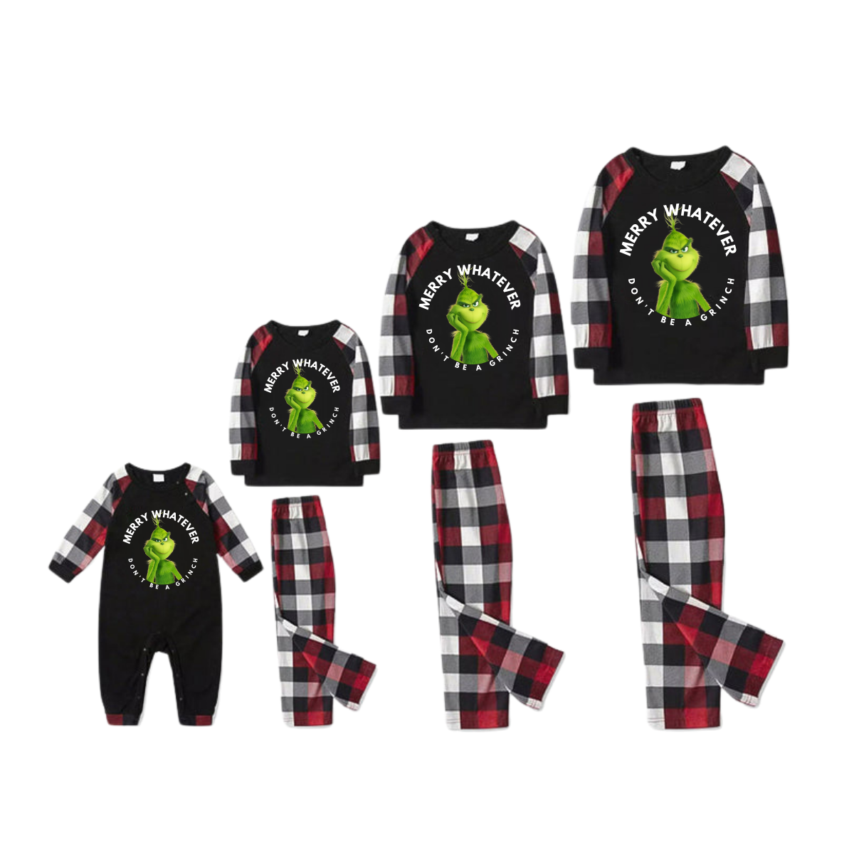 Cartoon Pattern and Christmas Slogan Printed Contrast Black Top Red&Black&White Plaid Pants Family Matching Pajamas