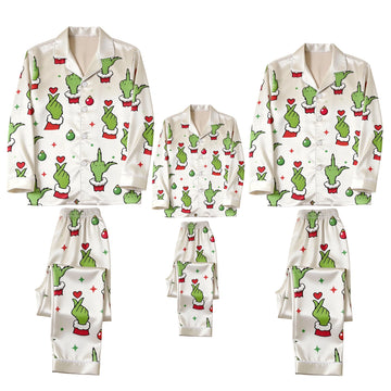 Green Hand Gesture & Heart Print Satin Button-Up Family Christmas Pajamas Set