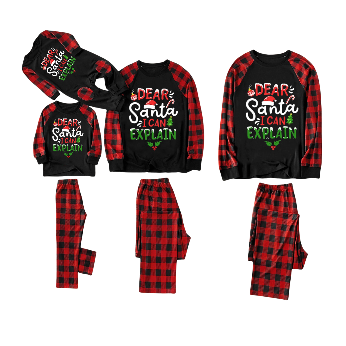 "Dear Santa I can Explain" Slogan Printed Black and Red Plaid Christmas Matching Pajamas