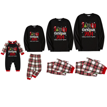 "Family Christmas 2024 Making Memories Together" Pattern Ⅲ- Black Top with Red & White & Green Plaid Pants Family Matching Pajamas