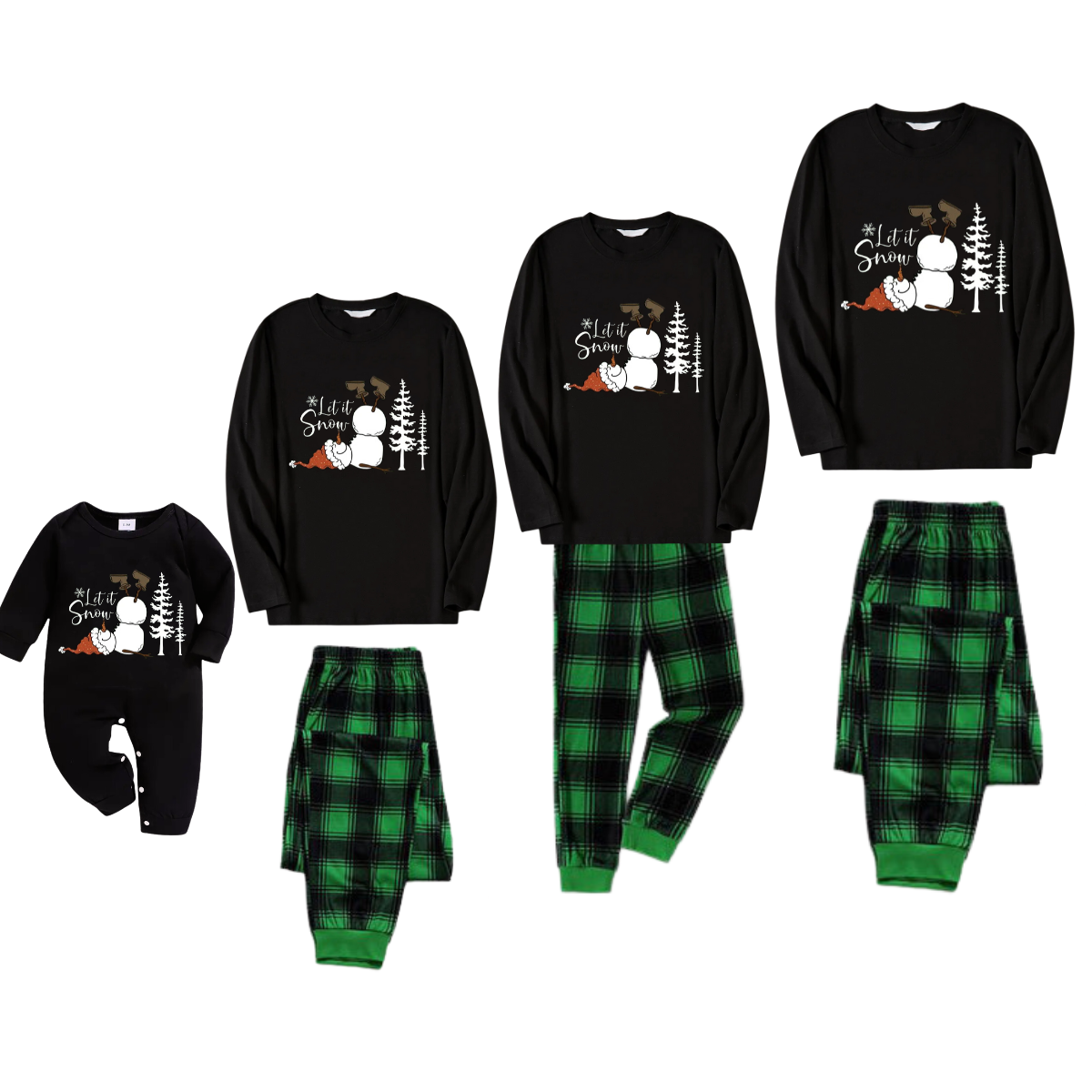 "Let it Snow" Text and Snowman Printed Black and Green Plaid Family Christmas Matching Pajamas