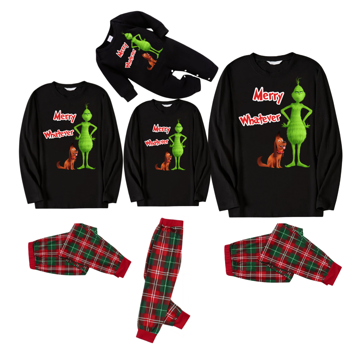 Cartoon Pattern and "Merry Whatever" Slogan Printed Red and Green Plaid Family Matching Pajamas