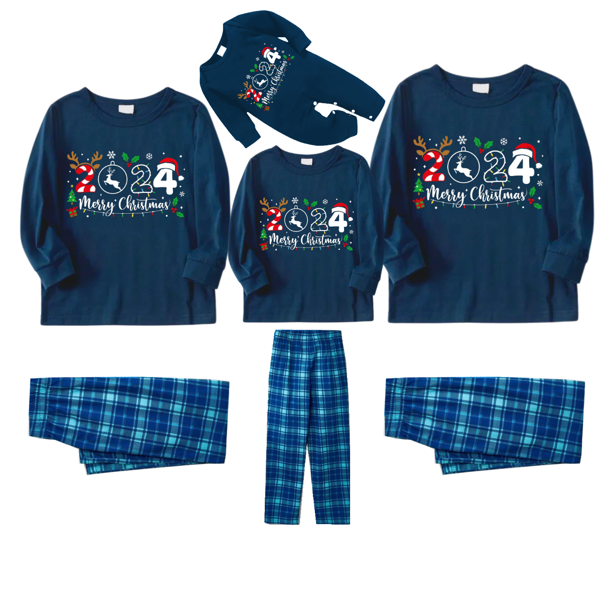 "Merry Christmas 2024" Text Prints Blue Long Sleeve Top With Blue Plaid Family Matching Pajamas