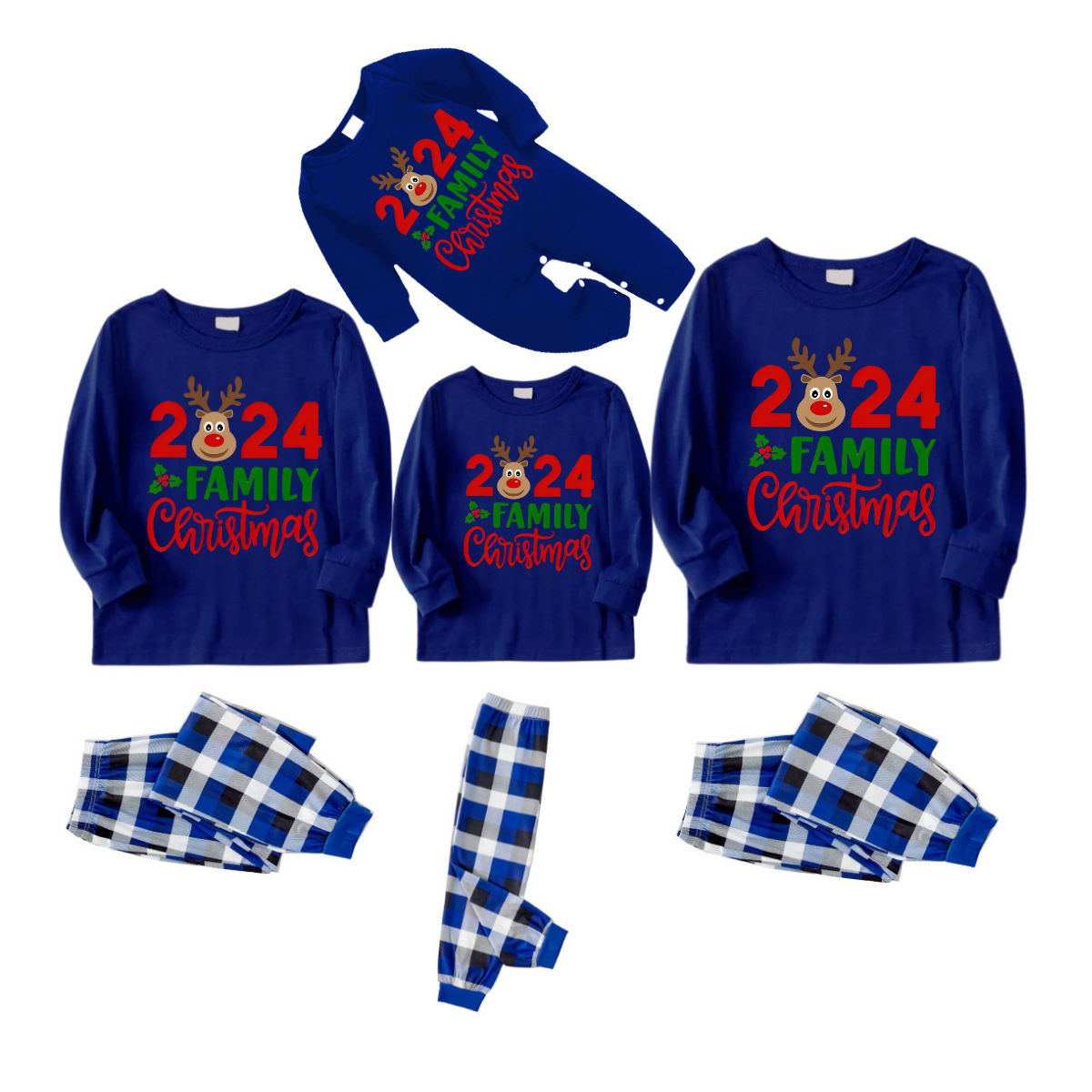 "Family Christmas 2024" Text and Deer Printed Blue and White Plaid Family Matching Pajamas