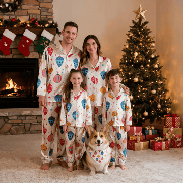 Colorful Christmas Ornament Print Satin Button-Up Family Pajamas Set
