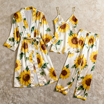 Feminine Detailed Sunflower Satin Pajama Trio
