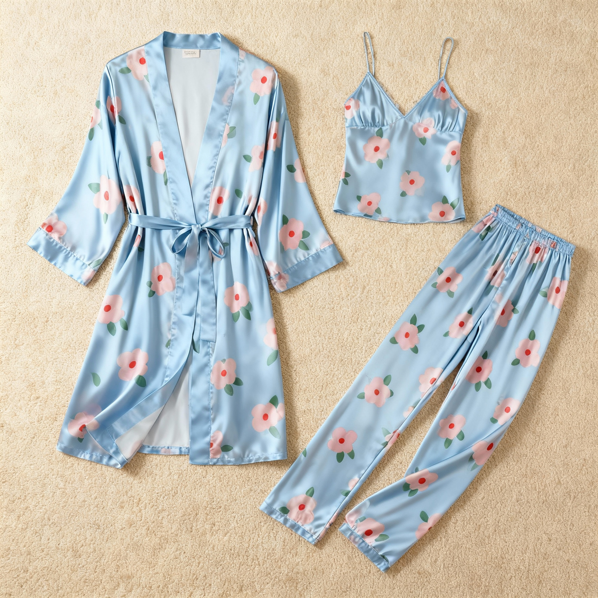 Blue Floral Print Feminine Satin Pajama Trio