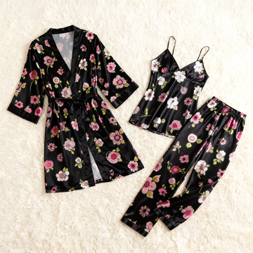 Elegant Floral Print Feminine Satin Pajama Trio