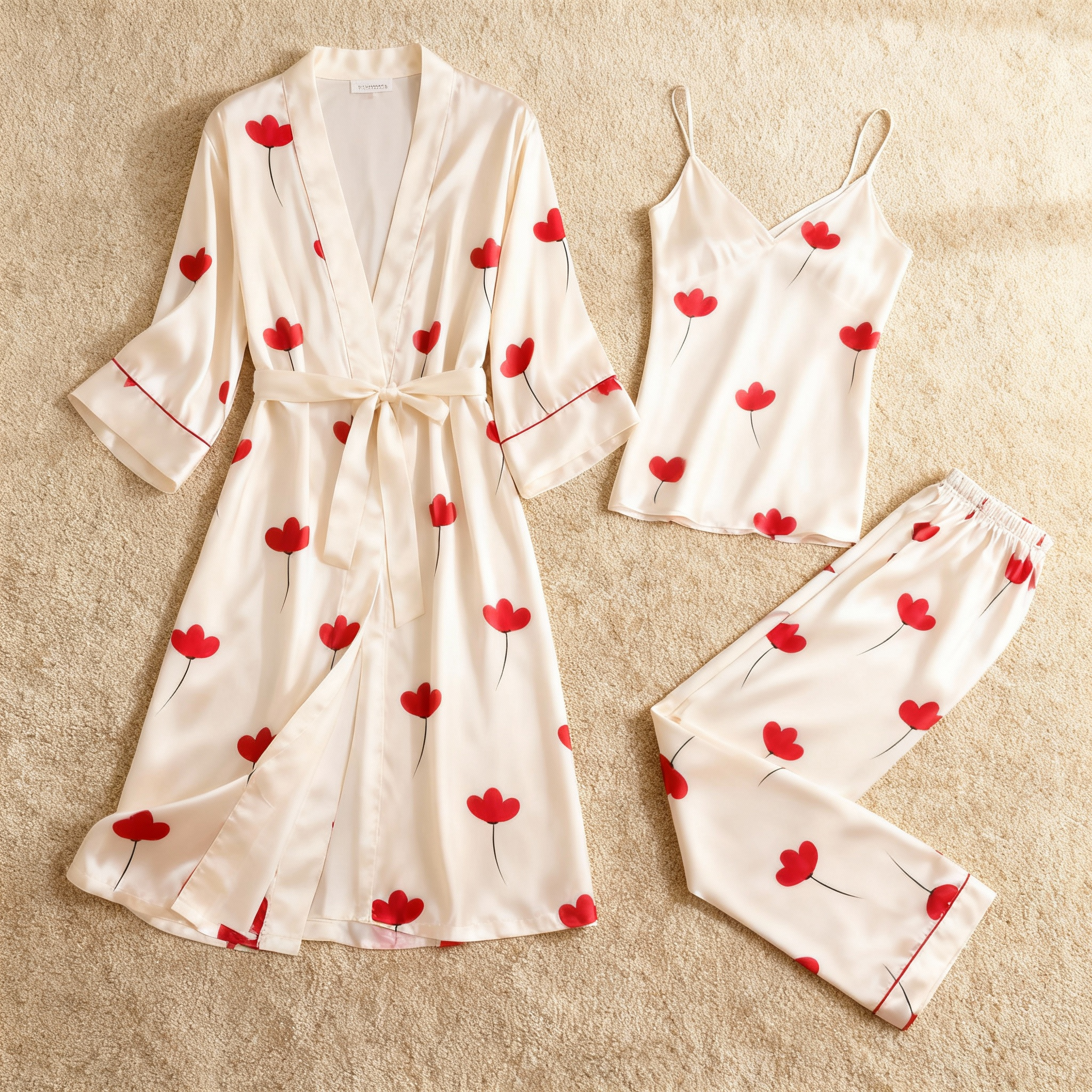 Romantic Floral Print Feminine Satin Pajama Trio