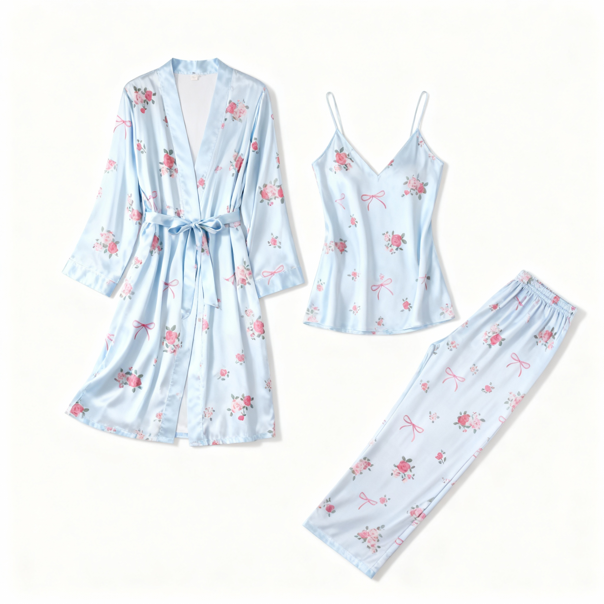 Sweet Bowknot & Florals Design Feminine Satin Pajama Trio