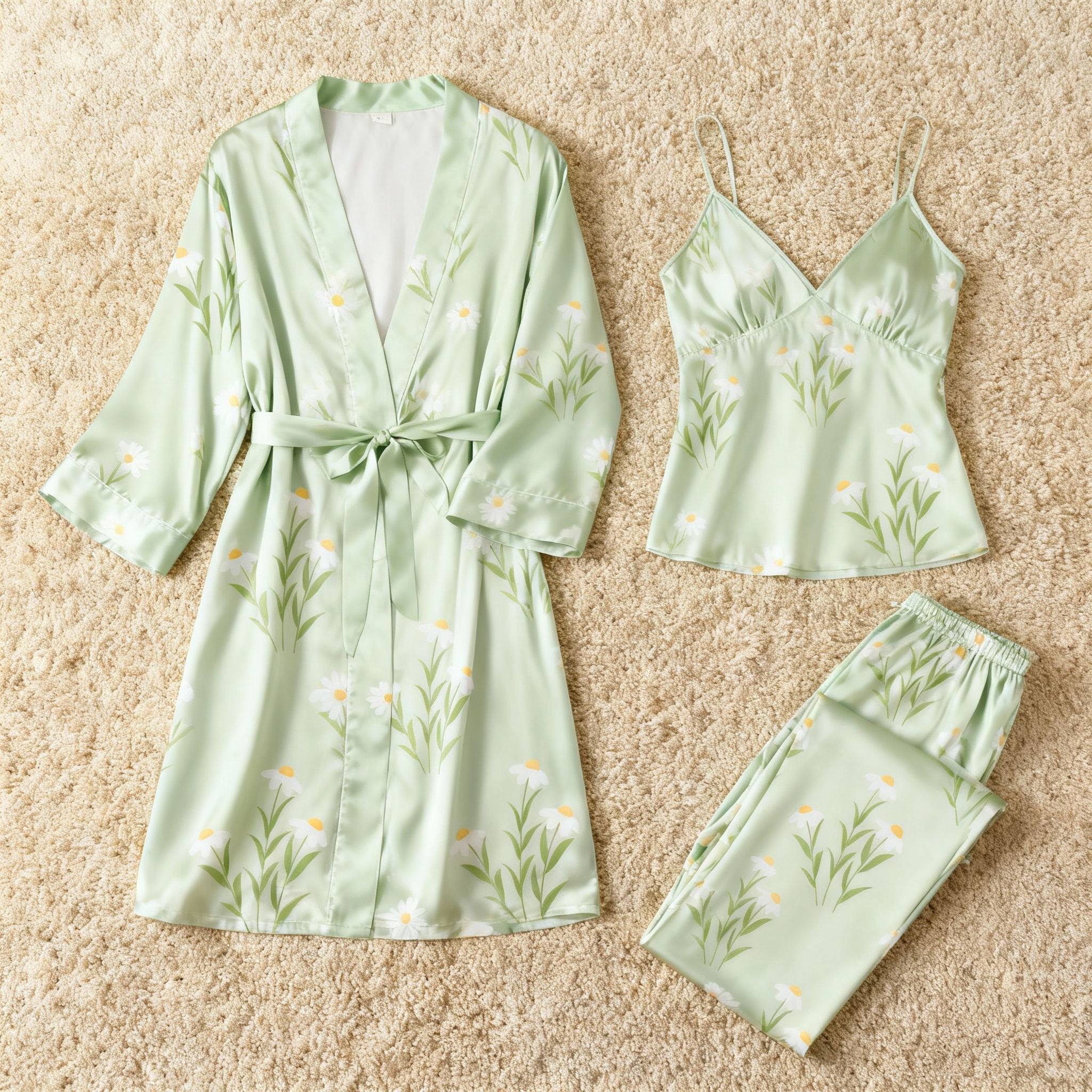 Premium Satin Nightwear Trio in Elegant Green