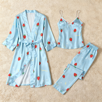 Premium Sky-Blue Satin Nightwear Trio With Sweet Strawberry Print