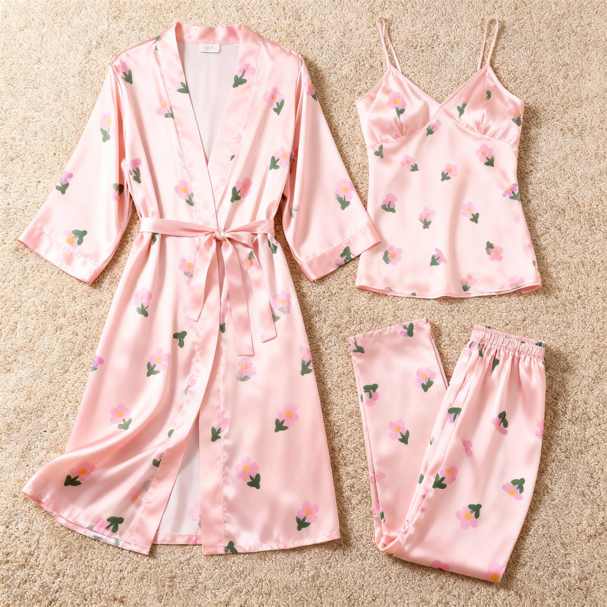 Premium Satin Nightwear Trio With Sweet Florals Print
