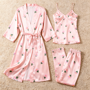 Premium Satin Nightwear Trio With Sweet Florals Print