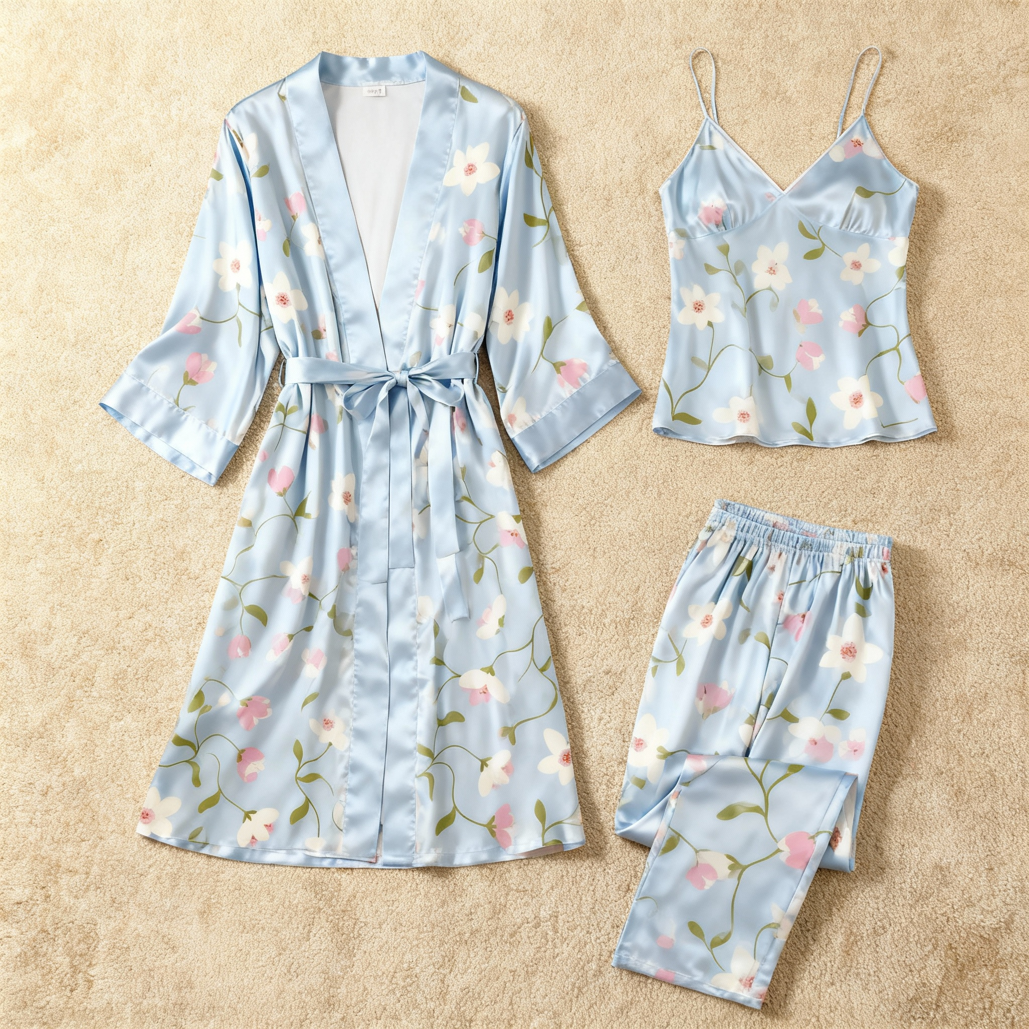 Premium Light Blue Satin Nightwear Trio With Sweet Florals