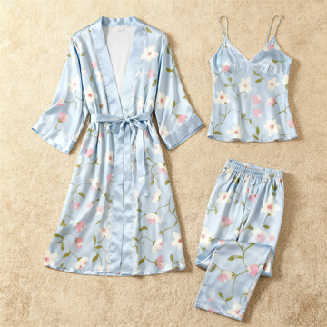 Premium Light Blue Satin Nightwear Trio With Sweet Florals