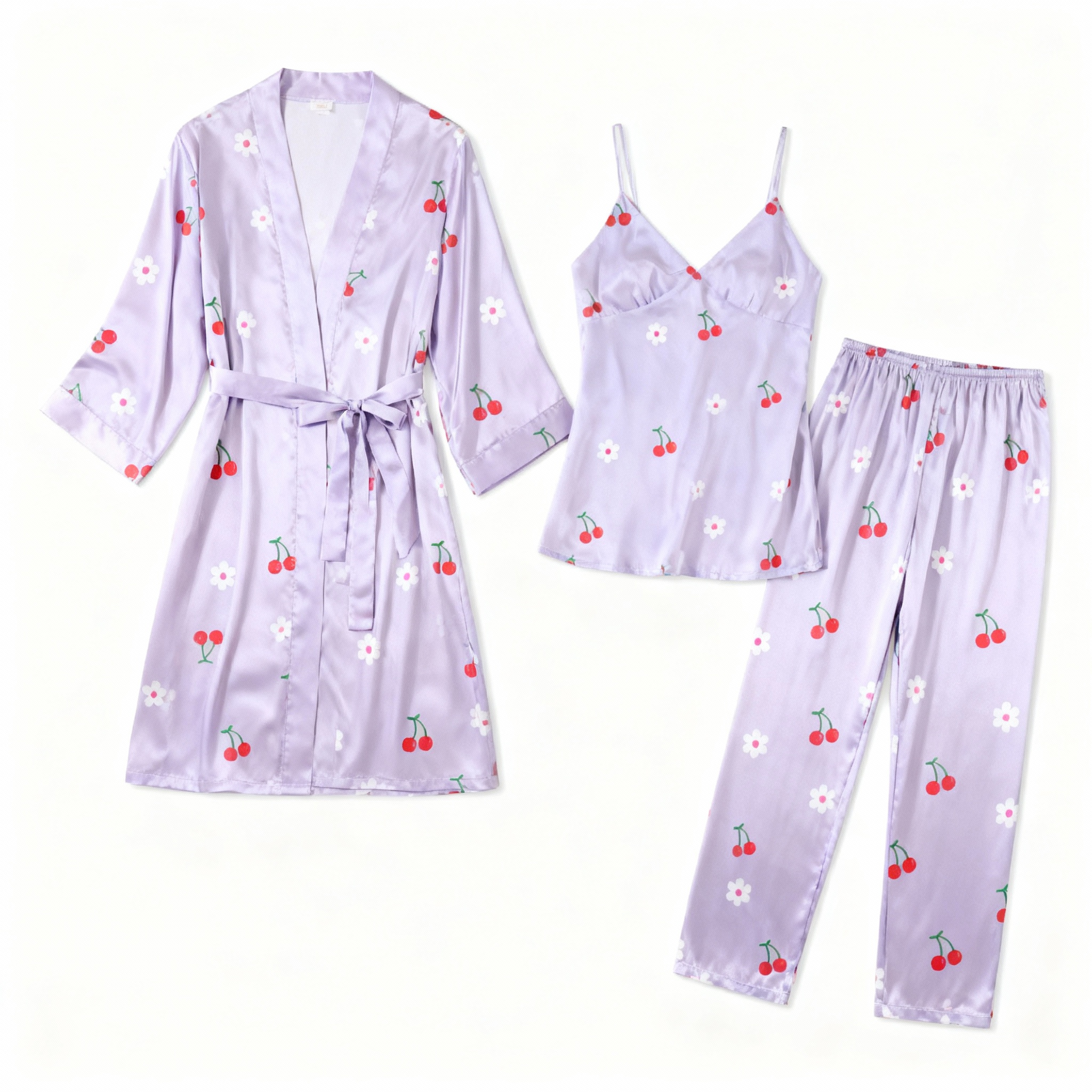 Premium Purple Satin Nightwear Trio With Sweet Cherry Print