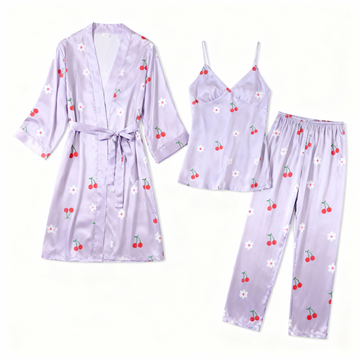 Premium Purple Satin Nightwear Trio With Sweet Cherry Print