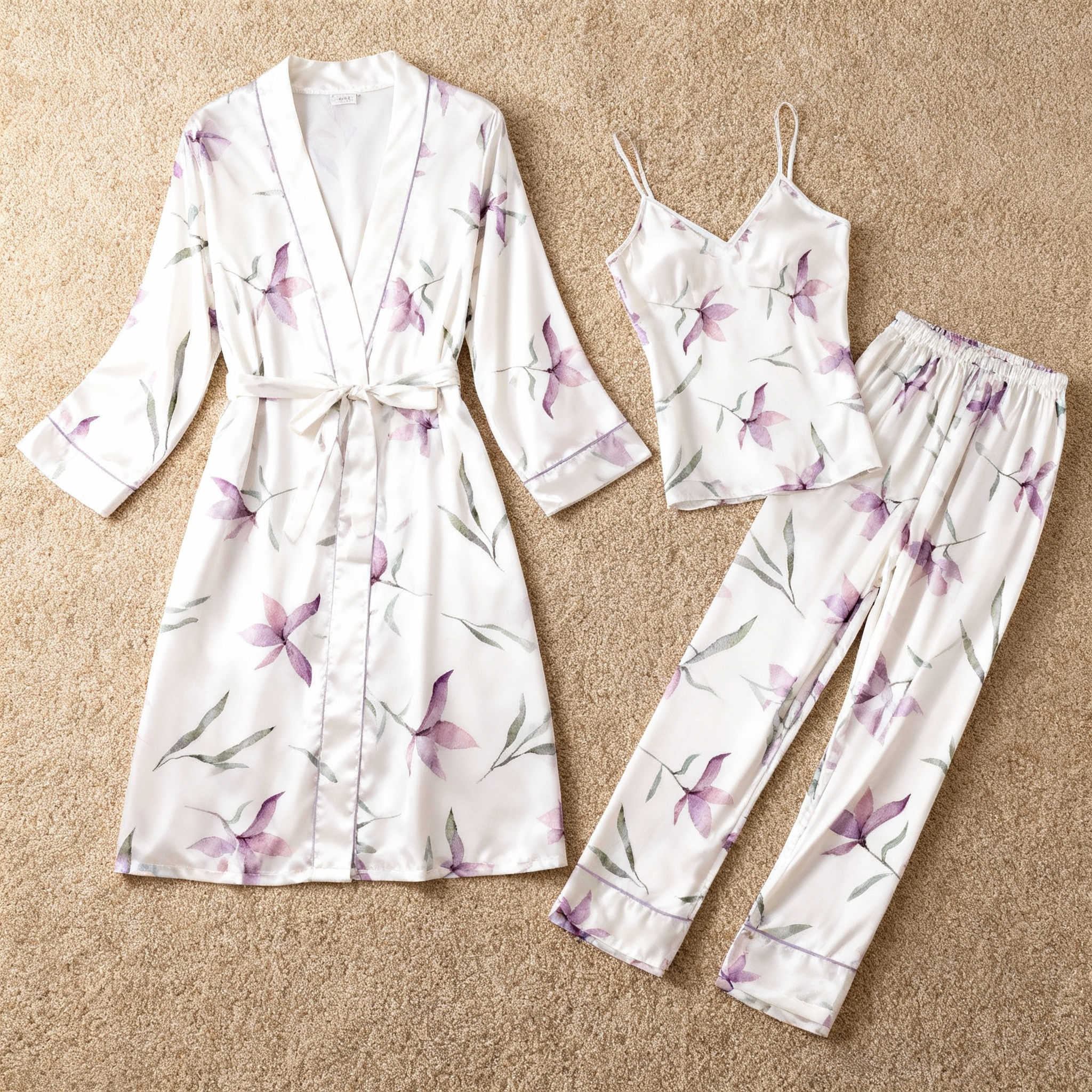 Premium Satin Nightwear Trio With Watercolor Purple Blossoms Motif