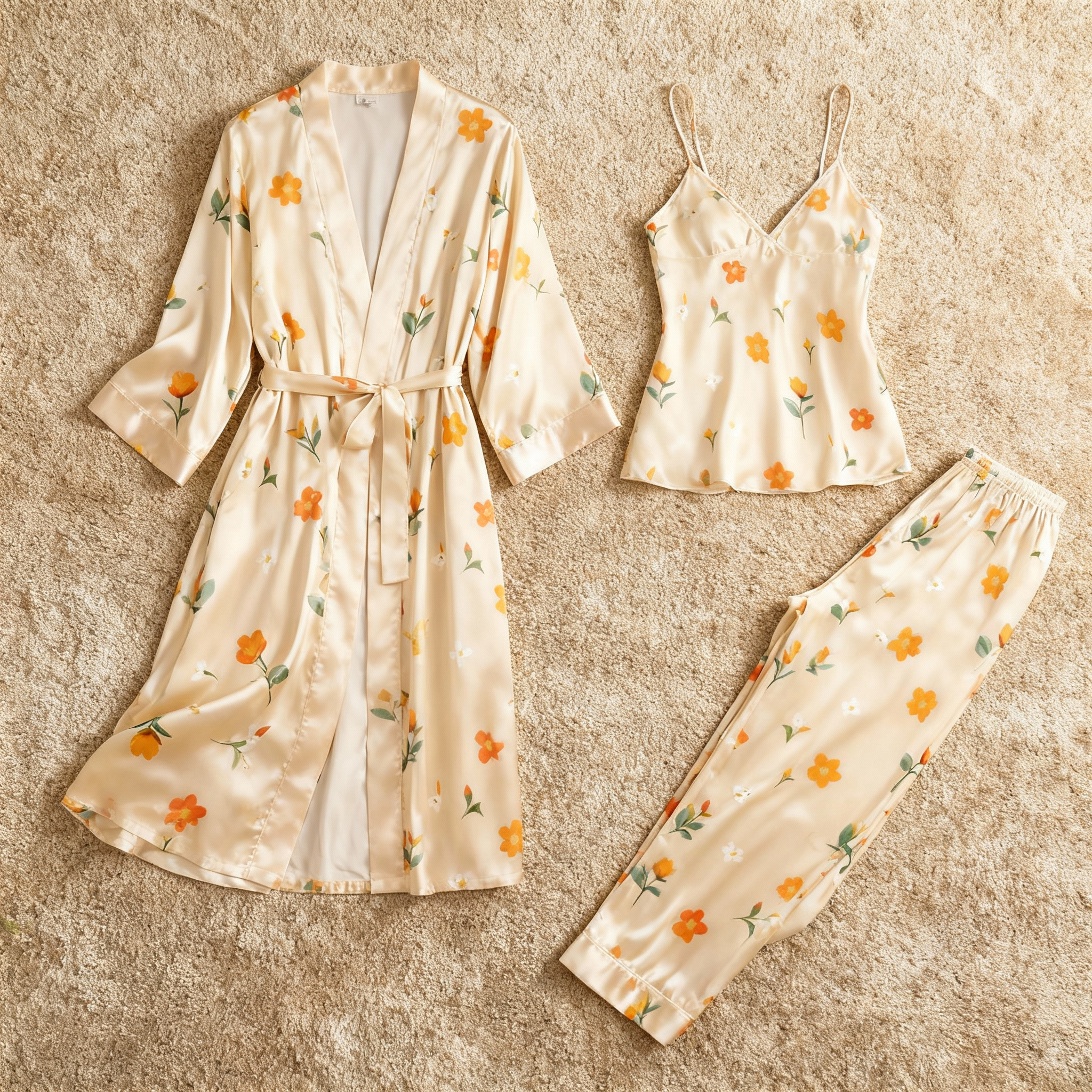 Women’s Classic Satin Pajama Set with Soft Florals Motifs