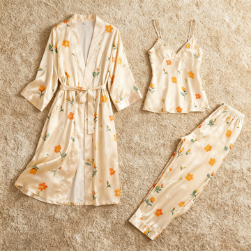 Women’s Classic Satin Pajama Set with Soft Florals Motifs