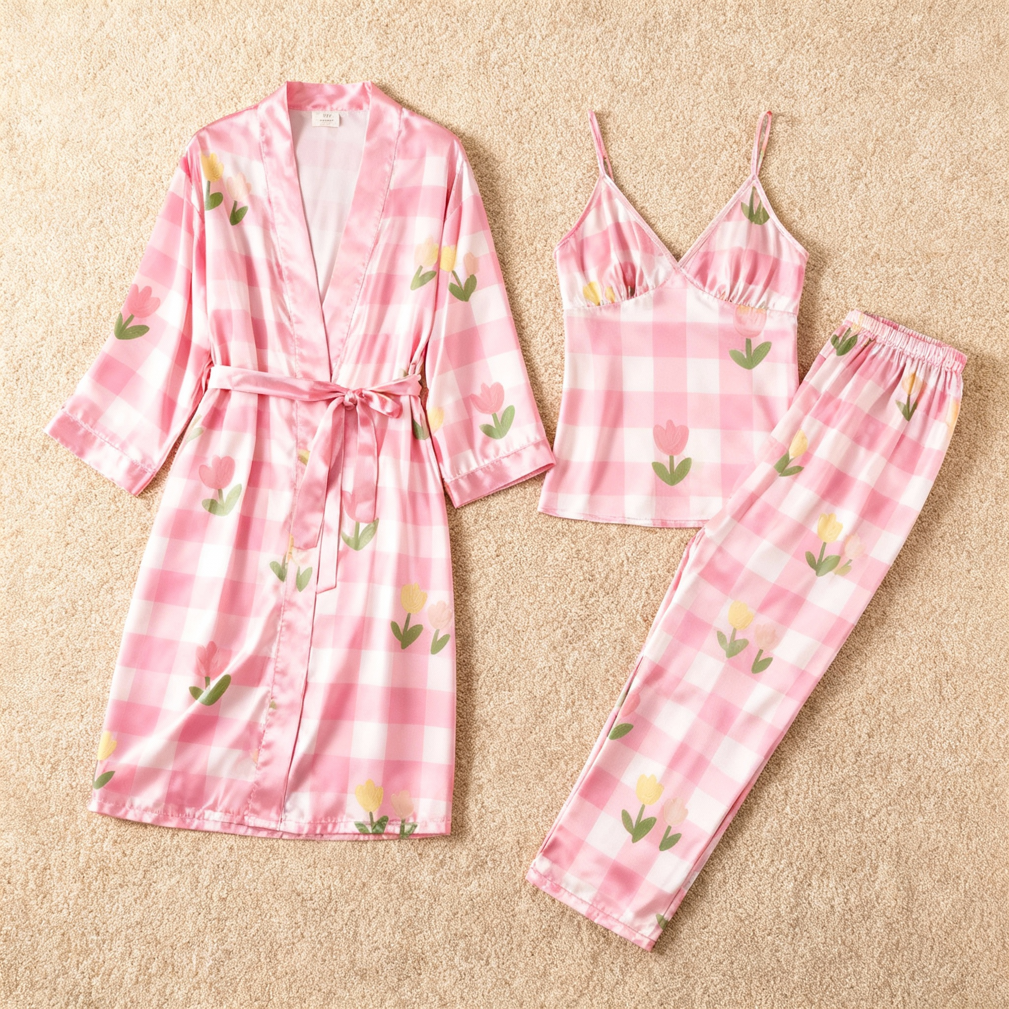 Women’s Classic Pink Plaid Satin Pajama Set with Sweet Florals