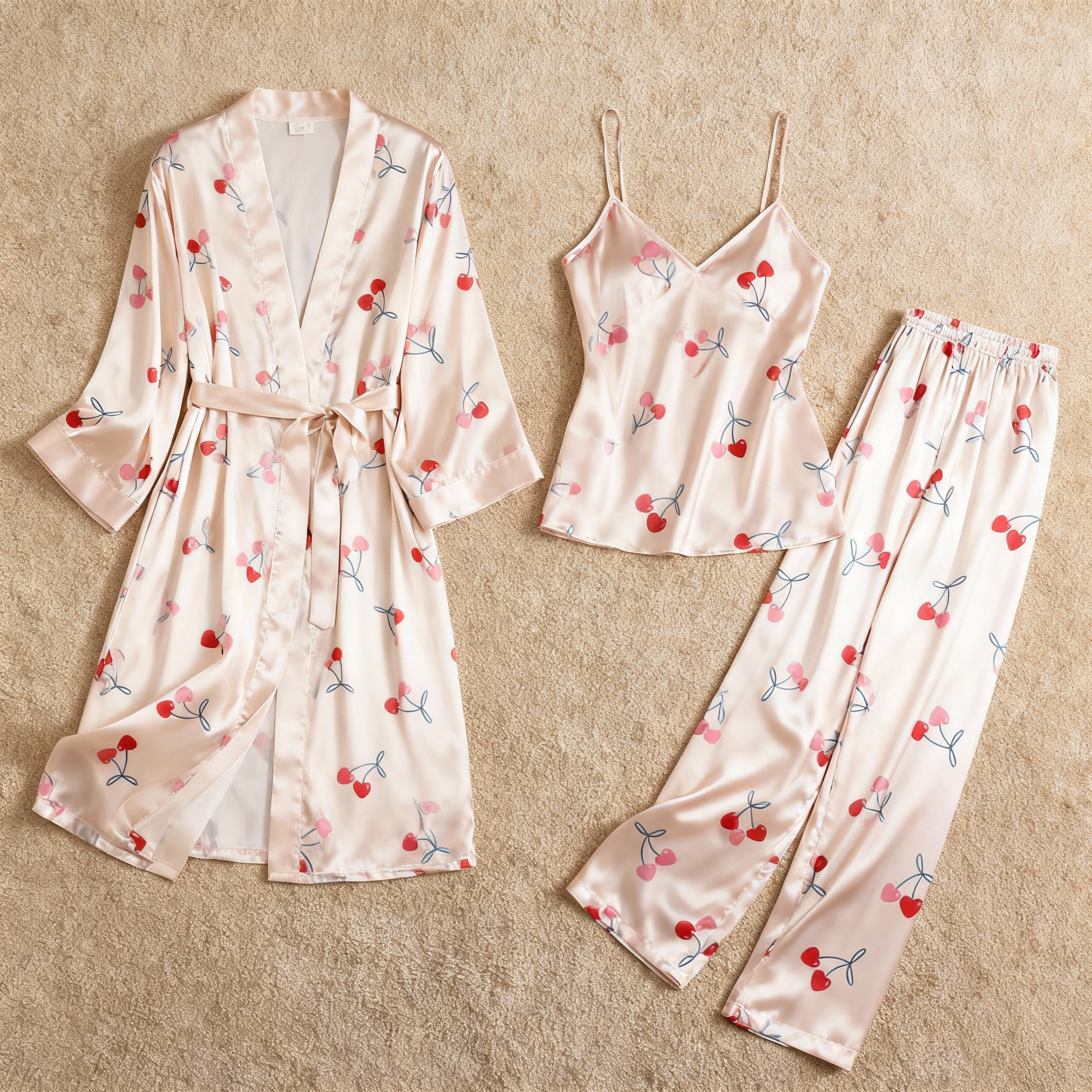 Women’s Classic Satin Pajama Set with Sweet Cherry