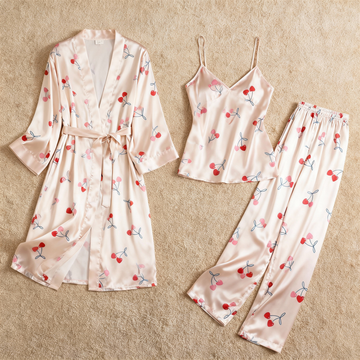 Women’s Classic Satin Pajama Set with Sweet Cherry