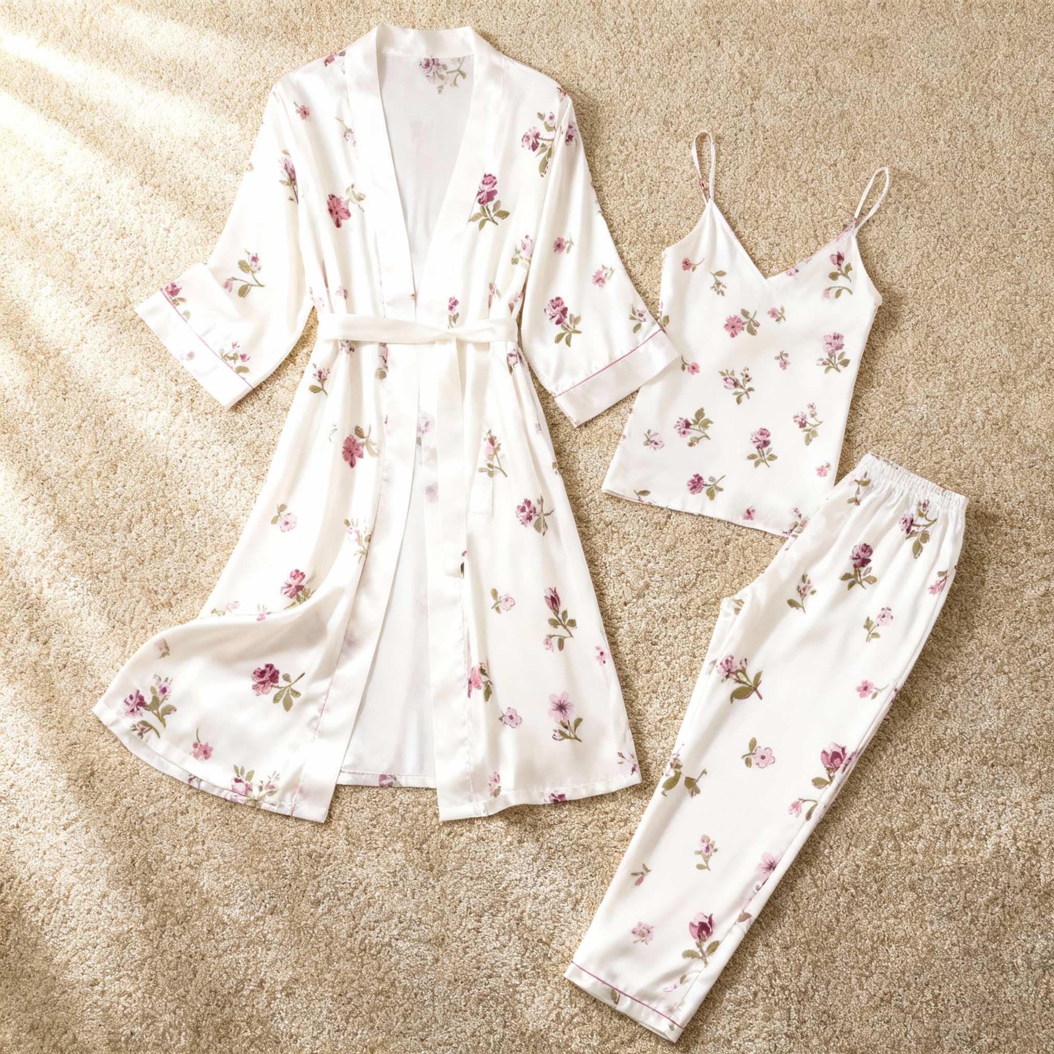 Satin 3-Piece Sleepwear Set with Elegant Botanical Print