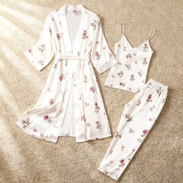 Satin 3-Piece Sleepwear Set with Elegant Botanical Print