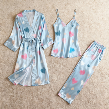 Women’s Classic Sky-Blue Satin Pajama Set with Sweet Heart Motifs