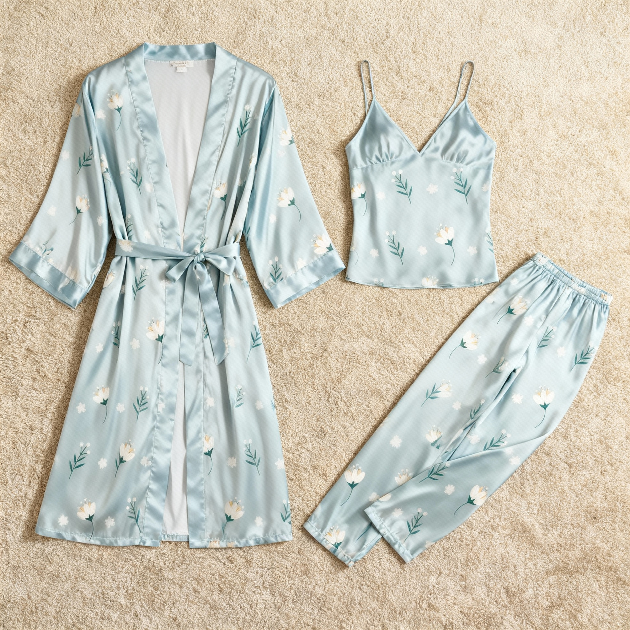 Women’s Classic Satin Pajama Set with Simple Floral Motifs