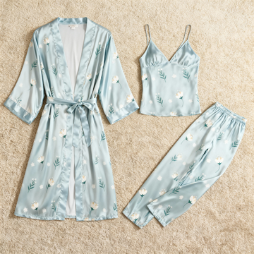 Women’s Classic Satin Pajama Set with Simple Floral Motifs