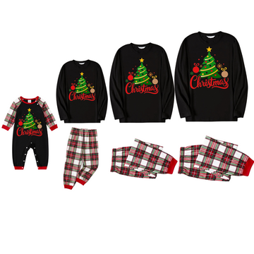 Christmas Tree Printed 2024 Black Long Sleeve Top and Red & Green & White Plaid Pants Family Matching Pajamas