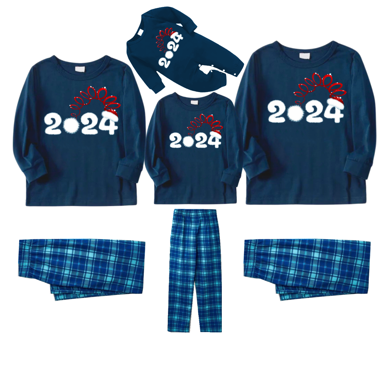 "Cute 2024" Printed Blue Long Sleeve Top With Blue Plaid Family Matching Pajamas