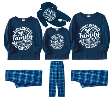 Reunion and Happiness "Family Christmas" White Print Blue Long Sleeve Top With Blue&Green Plaid Family Matching Pajamas and Nightgown