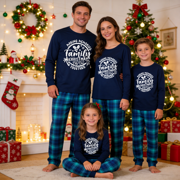 Christmas Make Memories Together 2026 Print Blue Long Sleeve Top With Blue Plaid Family Matching Pajamas