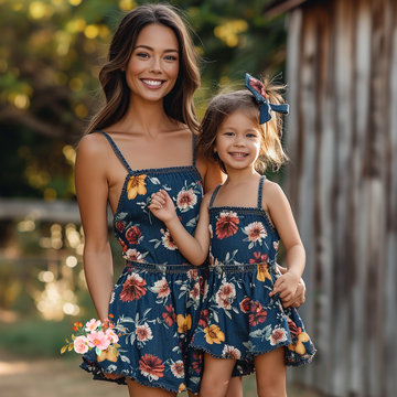 Mom and Daughter Denim Flower Print Cami Short Dresses