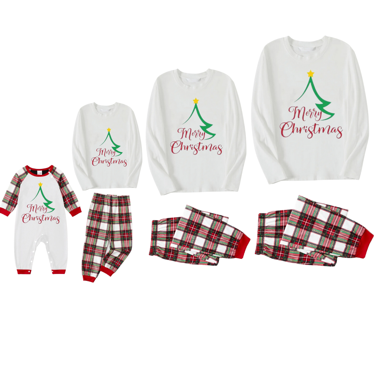 Christmas Tree of Shape with Stars and "Merry Christmas" Artistic Font White Long Sleeve Top with Red & White & Green Plaid Pants Family Matching Pajamas