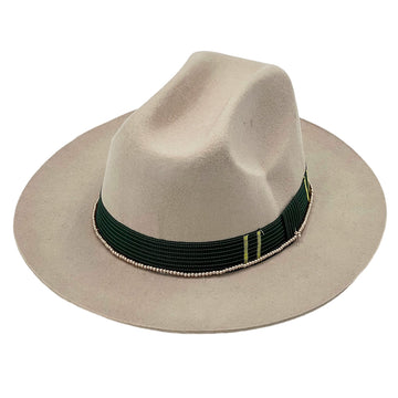 Beige Flat-Brim Hat – Green Woven & Beads