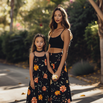 Mother and Daughter Black Floral Print Matching Cami Dresses Set