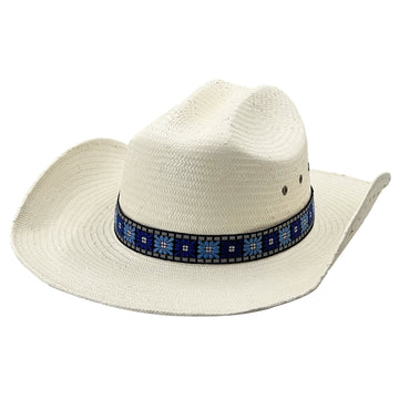 Straw Hat – Arched Brim, Black-Blue Floral Band