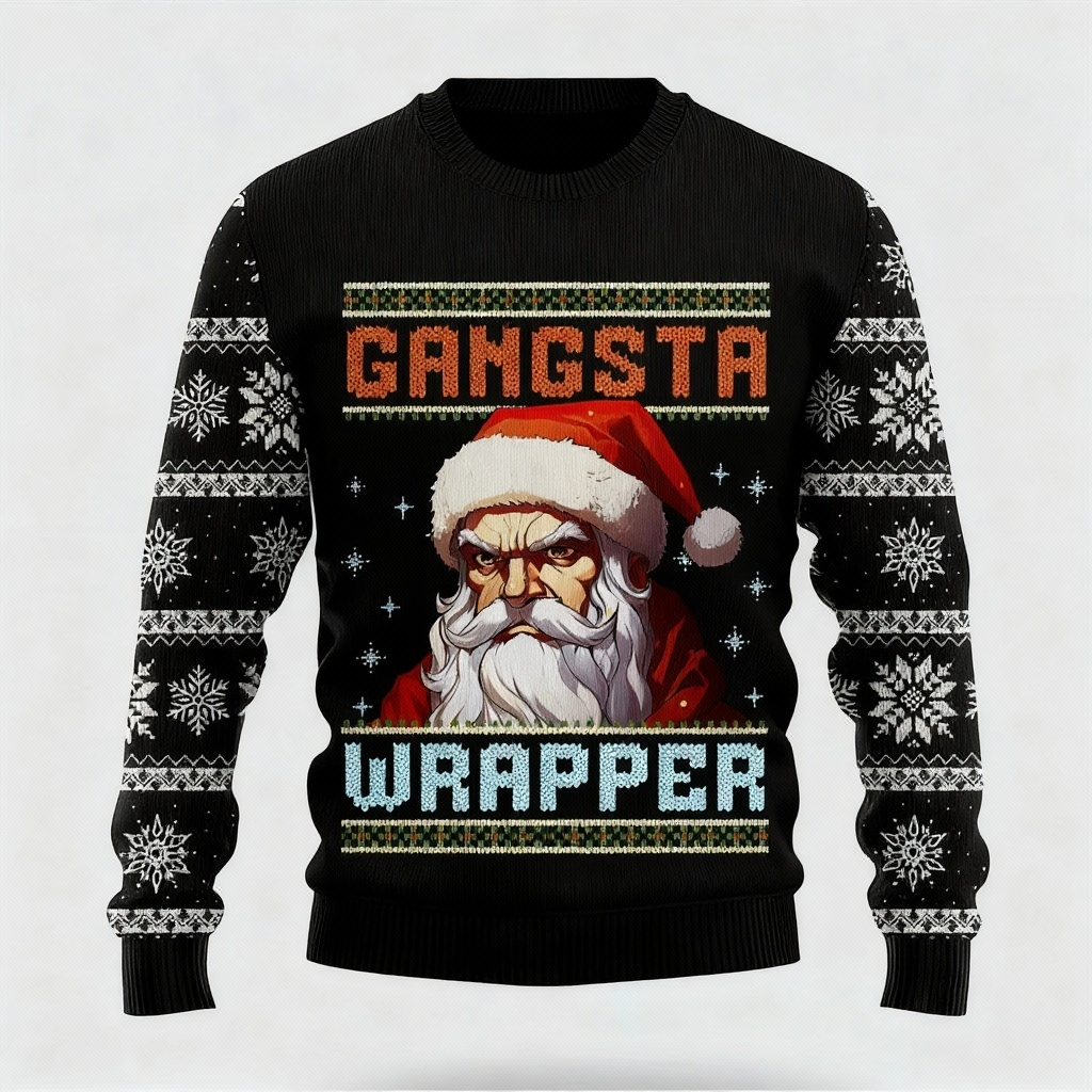 Artistic Santa Claus Cartoon Design - Black Holiday Icon Sweater
