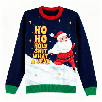 "HO HO HO" & Santa Print Holiday Sweater - Intentional Festive Quirk