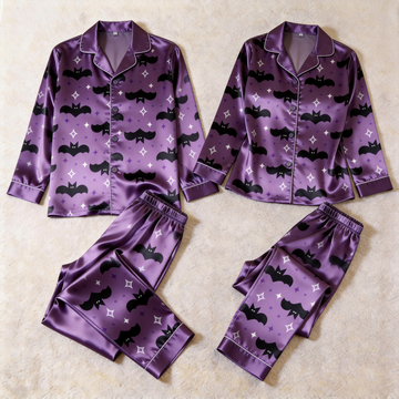 Bat and Star Print Satin Matching Pajamas for Couples – Long Sleeve Button-Down Top & Pants Sleepwear Set