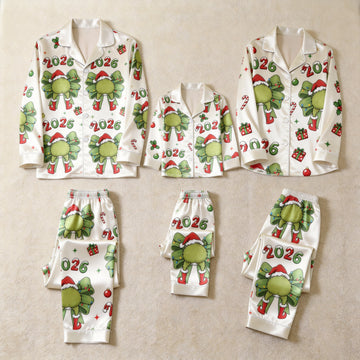 2026 Green Bow & Santa Hat Print Satin Button-Up Family Christmas Pajamas Set