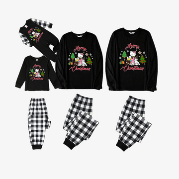 Merry Christmas Red Letter And Sanrio Cartoon Pattern Black&White Plaid Family Pajama Sets