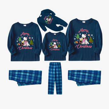 Merry Christmas Red Letter And Sanrio Cartoon Pattern Sky Blue Plaid Family Pajama Sets